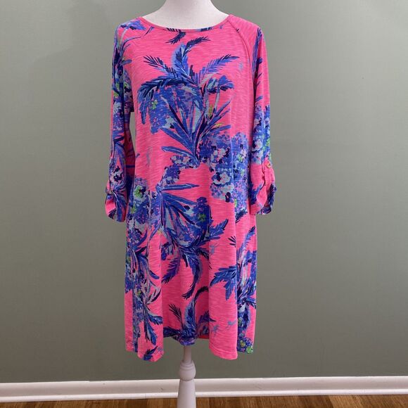 Lilly Pulitzer Dress Womens Medium Pink Blue Floral Tunic Roll Tab Sleeve Boho - Picture 1 of 14